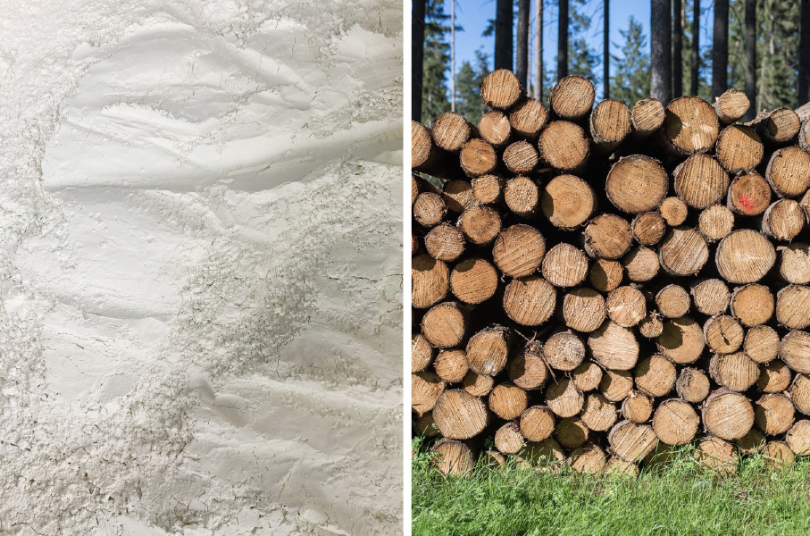 Kaolin und Holz - die beiden Hauptbestandteile der Waldnaabkapelle. Beides wird in der Oberpfalz gewonnen. Das Kaolin, ein feines weißes Gestein, wird im Tagebau abgebaut und hauptsächlich für die Bereitung von Porzellan verwendet.